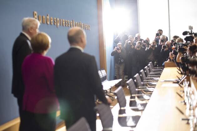 Germany Berlin Federal Press Conference Theme On the Coalition Agreement German Chancellor Angela Merkel CDU Chairwoman Bavarian Prime Minister Horst Seehofer CSU Chairman First Mayor of the Free and Hanseatic City of Hamburg Olaf Scholz Commissioner Party Chairman of the SPD 12 03 2018
