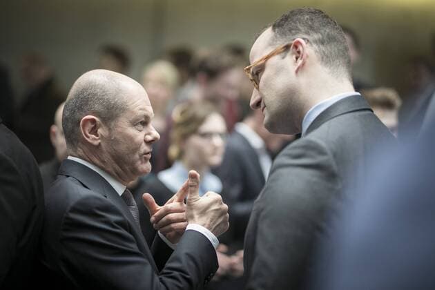 The designated Federal Finance Minister Olaf Scholz L SPD is talking to the designated Federal Health Minister Jens Spahn CDU at the reception after signing the coalition agreement between the SPD CDU and CSU in the Paul Loebe House in Berlin 12 03 2018 Berlin Germany Copyright: xFlorianxGaertner photothek.netx
