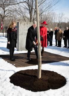 Canada Governor General Julie Payette, King Philippe - Filip of Belgium and Queen Mathilde of Belgium pictured during a ceremonial tree planting on the Rideau Hall Grounds on the first day of a state visit of the Belgian Royals to Canada in Ottawa, Canada, Monday 12 March 2018.  BENOITxDOPPAGNE 05311791
