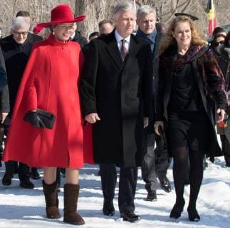 Queen Mathilde of Belgium, King Philippe - Filip of Belgium and Canada Governor General Julie Payette pictured during a ceremonial tree planting on the Rideau Hall Grounds on the first day of a state visit of the Belgian Royals to Canada in Ottawa, Canada, Monday 12 March 2018.  BENOITxDOPPAGNE 05311794
