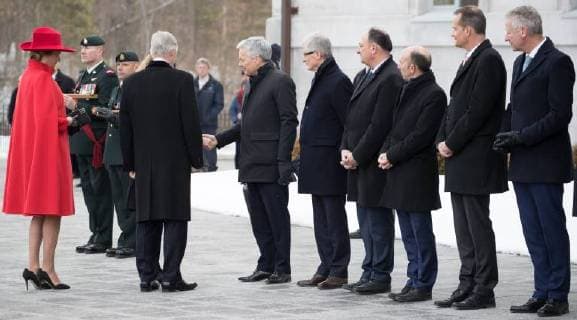 Queen Mathilde of Belgium, King Philippe - Filip of Belgium, Vice-Prime Minister and Foreign Minister Didier Reynders, Flemish Minister-President Geert Bourgeois, Walloon Minister President Willy Borsus, Federation Wallonia - Brussels Minister President Rudy Demotte, German Community Minister President Oliver Paasch and State Secretary for Foreign Trade Pieter De Crem pictured during the first day of a state visit of the Belgian Royals to Canada in Ottawa, Canada, Monday 12 March 2018.  BENOITxDOPPAGNE 05311837