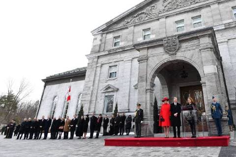 Queen Mathilde of Belgium, King Philippe - Filip of Belgium and Canada Governor General Julie Payette pictured during the official welcoming at Rideau Hall on the first day of a state visit of the Belgian Royals to Canada in Ottawa, Canada, Monday 12 March 2018.  BENOITxDOPPAGNEx xPOOLxFREDERICxSIERAKOWSKI 05311875