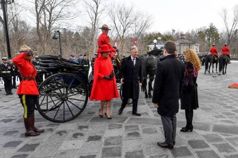 King Philippe - Filip of Belgium and Queen Mathilde of Belgium pictured during the official welcoming at Rideau Hall on the first day of a state visit of the Belgian Royals to Canada in Ottawa, Canada, Monday 12 March 2018.  BENOITxDOPPAGNEx xPOOLxFREDERICxSIERAKOWSKI 05311857
