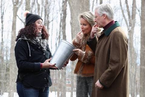 Queen Mathilde of Belgium, Canada Governor General Julie Payette and King Philippe - Filip of Belgium a visit to a sugar shack on the first day of a state visit of the Belgian Royals to Canada in Ottawa, Canada, Monday 12 March 2018.  BENOITxDOPPAGNE 05311926