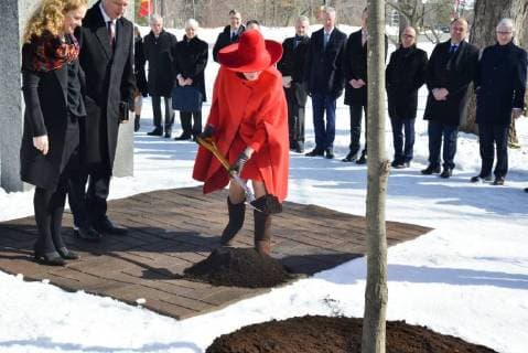 King Philippe and Queen Mathilde on the state visit in Canada. Tree planting ceremony on the Rideau Hall. King Philippe, Queen Mathilde and de general gouvernor Julie Payette 12 march, Ottawa, Canada F. Andrieu Agencepeps Reporters Roi Philippe et la Reine Mathilde durant la visite d Etat au Canada. Plantation d un arbre coutume au Canada tout comme l as fait le Roi Baudouin. En presence du Roi Philippe, de la REine Mathilde et de Julie Payette gouverneur gÃ 
