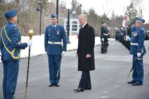 King Philippe and Queen Mathilde on the state visit in Canada. Official welcoming ceremony at Rideau Hall by her excellency the Right Honourable Julie Payette, Governor of Canada with military honours in front of Rideau Hall 12 march, Ottawa, Canada F. Andrieu Agencepeps Reporters Roi Philippe et la Reine Mathilde durant la visite d Etat au Canada. Ceremonie officielle de bienvenu au Rideau Hall accueilli par la Gouverneur Generale du Canada Julie Payette 12 mars, Ottawa, Canada F. Andrieu Agencepeps Reporters Reporters Andrieu 