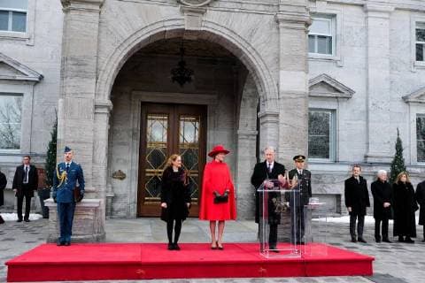 King Philippe and Queen Mathilde on the state visit in Canada. Official welcoming ceremony at Rideau Hall by her excellency the Right Honourable Julie Payette, Governor of Canada with military honours in front of Rideau Hall 12 march, Ottawa, Canada F. Andrieu Agencepeps Reporters Roi Philippe et la Reine Mathilde durant la visite d Etat au Canada. Ceremonie officielle de bienvenu au Rideau Hall accueilli par la Gouverneur Generale du Canada Julie Payette 12 mars, Ottawa, Canada F. Andrieu Agencepeps Reporters Reporters Andrieu  F.ANDRIEU