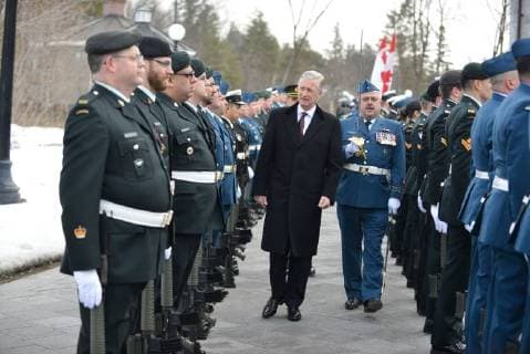 King Philippe and Queen Mathilde on the state visit in Canada. Official welcoming ceremony at Rideau Hall by her excellency the Right Honourable Julie Payette, Governor of Canada with military honours in front of Rideau Hall 12 march, Ottawa, Canada F. Andrieu Agencepeps Reporters Roi Philippe et la Reine Mathilde durant la visite d Etat au Canada. Ceremonie officielle de bienvenu au Rideau Hall accueilli par la Gouverneur Generale du Canada Julie Payette 12 mars, Ottawa, Canada F. Andrieu Agencepeps Reporters Reporters Andrieu 