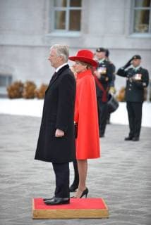King Philippe and Queen Mathilde on the state visit in Canada. Official welcoming ceremony at Rideau Hall by her excellency the Right Honourable Julie Payette, Governor of Canada with military honours in front of Rideau Hall 12 march, Ottawa, Canada F. Andrieu Agencepeps Reporters Roi Philippe et la Reine Mathilde durant la visite d Etat au Canada. Ceremonie officielle de bienvenu au Rideau Hall accueilli par la Gouverneur Generale du Canada Julie Payette 12 mars, Ottawa, Canada F. Andrieu Agencepeps Reporters Reporters Andrieu 