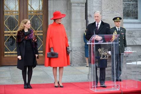 King Philippe and Queen Mathilde on the state visit in Canada. Official welcoming ceremony at Rideau Hall by her excellency the Right Honourable Julie Payette, Governor of Canada with military honours in front of Rideau Hall 12 march, Ottawa, Canada F. Andrieu Agencepeps Reporters Roi Philippe et la Reine Mathilde durant la visite d Etat au Canada. Ceremonie officielle de bienvenu au Rideau Hall accueilli par la Gouverneur Generale du Canada Julie Payette 12 mars, Ottawa, Canada F. Andrieu Agencepeps Reporters Reporters Andrieu 