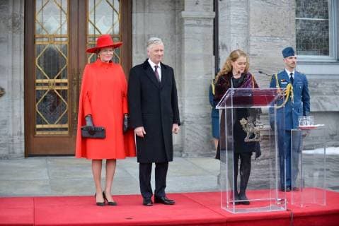 King Philippe and Queen Mathilde on the state visit in Canada. Official welcoming ceremony at Rideau Hall by her excellency the Right Honourable Julie Payette, Governor of Canada with military honours in front of Rideau Hall 12 march, Ottawa, Canada F. Andrieu Agencepeps Reporters Roi Philippe et la Reine Mathilde durant la visite d Etat au Canada. Ceremonie officielle de bienvenu au Rideau Hall accueilli par la Gouverneur Generale du Canada Julie Payette 12 mars, Ottawa, Canada F. Andrieu Agencepeps Reporters Reporters Andrieu 