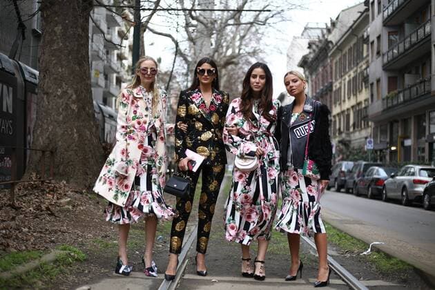 Marta Lozan,Tamara Kalinic, Leonie Hanne, and Veronica Ferraro posing the Dolce & Gabbana show during Milan Fashion Week - Feb 25, 2018 - MFW: Fall 2018 Street Style Day 5, Milan Italy  Copyright: xValentinaxRanierix h_00490712