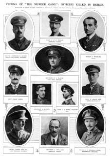 Victims of the murder gang ; Officers killed in Dublin . Fourteen men, a mixture of British Army intelligence officers, Royal Irish Constabulary officers and civilians (the Cairo Gang ) , were assassinated on the morning of 21 November 1920 by the IRA ., Ireland Copyright: Topfoto  !ACHTUNG AUFNAHMEDATUM GESCHÄTZT! UnitedArchives1363076