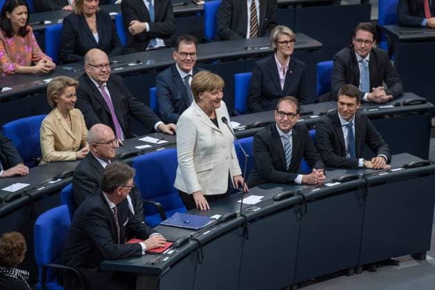 Berlin Politics German Bundestag 19 Session of the German Bundestag on Wednesday the 14th of March 2018 First agenda item was the election of Angela Merkel as Chancellor In the picture Angela Merkel was elected Chancellor for the fourth time with 364 votes out of 692 She takes the election 14 3 2018 Berlin