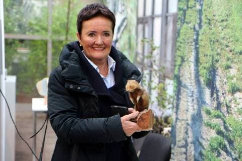 14 03 2018 Frankfurt Palmengarten Cities venture Wilderness is awarded as a project of the UN Decade of Biological Diversity City Frankfurt receives award for the project Diversity Tree Image shows Rosemarie Heilig Green environmental officer of the city of Frankfurt with a stuffed field hamster in her hand