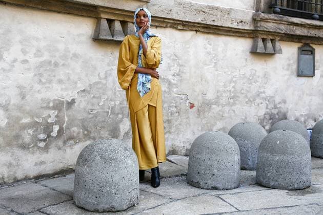 Model Halima Aden posing outside the Max Mara show during Milan Fashion Week - Sept 21, 2017 - MFW: Spring 2018 Street Style Day 2, Milan Italy  Copyright: xValentinaxRanierix h_00448355