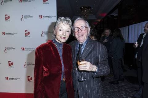 Musician Klaus Doldinger and his wife Inge Doldinger with a glass of sparkling wine at the Musikautorenpreis on 16 03 2018 in Berlin
