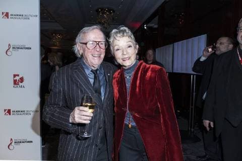 Musician Klaus Doldinger and his wife Inge Doldinger with a glass of sparkling wine at the Musikautorenpreis on 16 03 2018 in Berlin