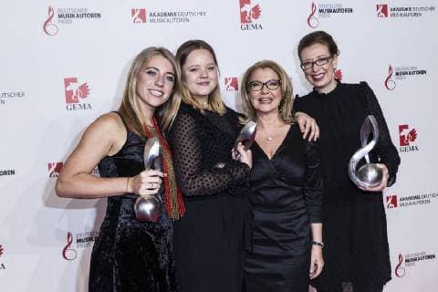 Award winners for the young talent award L R Anna Marlene Bicking Lina Maly and Kathrin A Denner at the 10 awarding of the music author prize on 16 03 2018 in Berlin