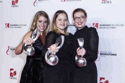 Award winners for the young talent award L R Anna Marlene Bicking Lina Maly and Kathrin A Denner at the 10 awarding of the music author prize on 16 03 2018 in Berlin