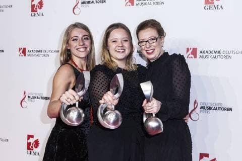 Award winners for the young talent award L R Anna Marlene Bicking Lina Maly and Kathrin A Denner at the 10 awarding of the music author prize on 16 03 2018 in Berlin