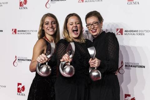 Award winners for the young talent award L R Anna Marlene Bicking Lina Maly and Kathrin A Denner at the 10 awarding of the music author prize on 16 03 2018 in Berlin
