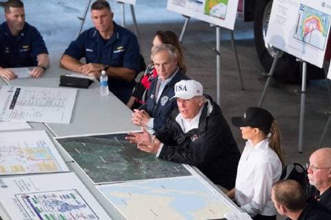 August 29, 2017 - Houston, Texas, United States Of America - HOUSTON, TX - AUGUST 29: President Donald J. Trump and First Lady Melania Trump, joined by Texas Governor Greg Abbott, members of FEMA, representatives of the Red Cross, U.S. Coast Guard, local law enforcement and utility company officials, during a briefing on Hurricane Harvey storm relief and rescue efforts, Tuesday, August 29, 2017, in Corpus Christi, Texas..People: President Donald J. Trump and First Lady Melania TrumpÃ Houston United States Of America - ZUMAs214 20170829_zaa_s214_002 Copyright: xSMGx