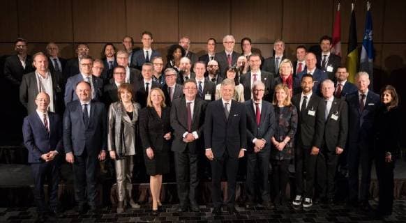 King Philippe - Filip of Belgium (C) and the participants pose for a family picture at a signing ceremony on the fifth day of a state visit of the Belgian Royals to Canada in Montreal, Canada, Friday 16 March 2018.  BENOITxDOPPAGNE 05314402