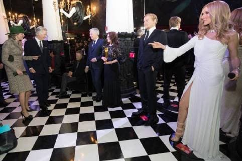 Queen Mathilde of Belgium (L) and King Philippe - Filip of Belgium (2L) react as Vice-Prime Minister and Foreign Minister Didier Reynders (C) pretends to be a statue during a visit to the Grevin Wax Museum on the fifth day of a state visit of the Belgian Royals to Canada in Montreal, Canada, Friday 16 March 2018.  BENOITxDOPPAGNE 05314500
