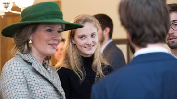 Queen Mathilde of Belgium talks to Belgian Princess Louisa Maria, who is a student in Montreal, during a meeting with Belgian and Canadian students at Faculty club of McGill University on the fifth day of a state visit of the Belgian Royals to Canada in Montreal, Canada, Friday 16 March 2018.  BENOITxDOPPAGNE 05314503