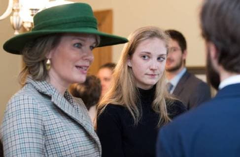 Queen Mathilde of Belgium talks to Belgian Princess Louisa Maria, who is a student in Montreal, during a meeting with Belgian and Canadian students at Faculty club of McGill University on the fifth day of a state visit of the Belgian Royals to Canada in Montreal, Canada, Friday 16 March 2018.  BENOITxDOPPAGNE 05314506