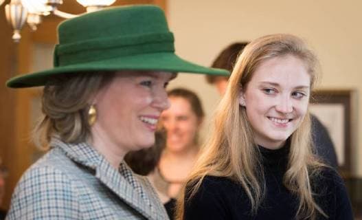 Queen Mathilde of Belgium talks to Belgian Princess Louisa Maria, who is a student in Montreal, during a meeting with Belgian and Canadian students at Faculty club of McGill University on the fifth day of a state visit of the Belgian Royals to Canada in Montreal, Canada, Friday 16 March 2018.  BENOITxDOPPAGNE 05314507