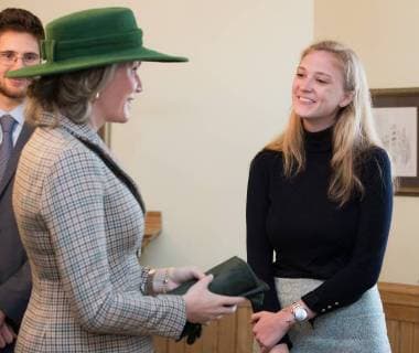 Queen Mathilde of Belgium talks to Belgian Princess Louisa Maria, who is a student in Montreal, during a meeting with Belgian and Canadian students at Faculty club of McGill University on the fifth day of a state visit of the Belgian Royals to Canada in Montreal, Canada, Friday 16 March 2018.  BENOITxDOPPAGNE 05314510