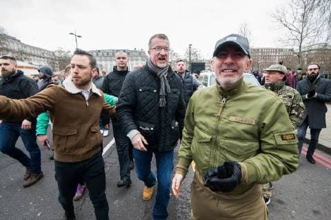March 18, 2018 - London, London, UK - London , UK . KEVIN CARROLL and supporters of Tommy Robinson and Martin Sellner celebrate the speech going ahead after Tommy Robinson leaves . 1000s including supporters of alt-right groups such as Generation Identity and the Football Lads Alliance , at Speakers Corner in Hyde Park where Tommy Robinson reads a speech by Generation Identity campaigner Martin Sellner . Along with Brittany Pettibone , Sellner was due to deliver the speech last week but the pair were arrested and detained by police when they arrived in the UK , forcing them to cancel an appearance at a UKIP Young Independence youth event , which in turn was reportedly cancelled amid security concerns London UK  - ZUMAl94_ 20180318_zaf_l94_097 Copyright: xJoelxGoodmanx