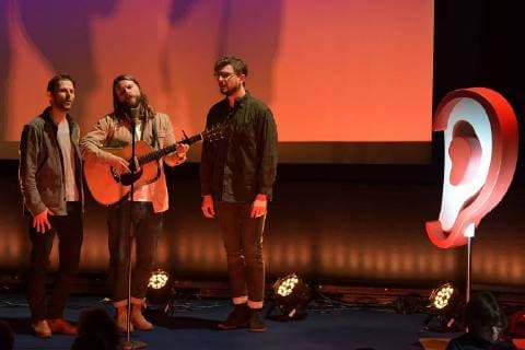 Mighty Oaks Craig Sauders Ian Hopper Frontsaenger Claudio Donzelli at the 16 German Hoerfilmpreis at Kino International in Berlin on 20 03 2018