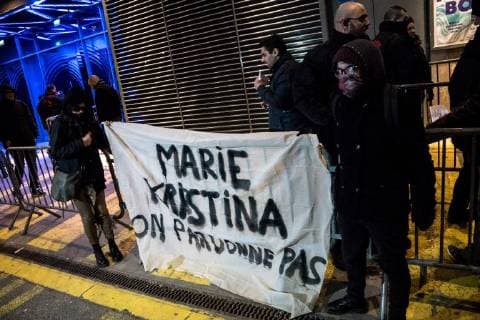 March 21, 2018 - Lyon, France - Feminists demonstrates against the concert of Bertrand Cantat in front of the Transbordeur in Lyon, France, on March 20th, 2018. The singer was sentenced for the murder of Marie Trintignant in Vilnius in 2003 to eight years of criminal imprisonment. Lyon France  - ZUMAn230 20180321_zaa_n230_486 Copyright: xNicolasxLiponnex