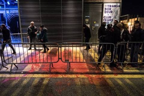 March 21, 2018 - Lyon, France - Feminists demonstrates against the concert of Bertrand Cantat in front of the Transbordeur in Lyon, France, on March 20th, 2018. The singer was sentenced for the murder of Marie Trintignant in Vilnius in 2003 to eight years of criminal imprisonment. Lyon France  - ZUMAn230 20180321_zaa_n230_496 Copyright: xNicolasxLiponnex