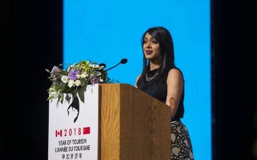 (180322) -- TORONTO, March 22, 2018 -- Canadian Minister of Small Business and Tourism Bardish Chagger speaks during the opening ceremony of the 2018 China-Canada Tourism Year in Toronto, Canada, March 21, 2018. The China-Canada Tourism Year 2018 was launched here Wednesday with an aim to strengthen cooperation between China and Canada in terms of tourism flows and investments. ) (zxj) CANADA-TORONTO-CHINA CANADA TOURISM YEAR ZouxZheng 