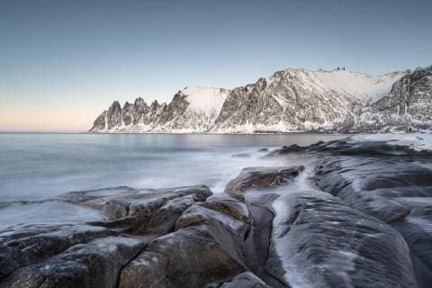 Icy coast landscape at dusk Tungeneset Senja Norway Europe Copyright: imageBROKER/HeinzxHudelist iblhei04648677.jpg