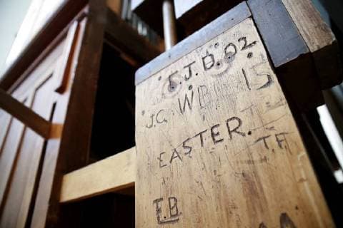 Names and initials that were carved into the wood of a pipe organ from 1830 by Thomas Appleton still remain and are on display at a press preview for The Art of Music: The New Musical Instruments Galleries at Metropolitan Museum of Art on March 23, 2018 in New York City. The Art of Music: presents four thousand years of musical instruments from across the globe.  NYP20180323151 JOHNxANGELILLO