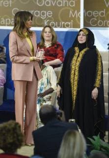 United States First Lady Melania Trump presents a 2018 International Women of Courage Award to Aliyah Khalaf Saleh of Iraq during an Award Ceremony at the State Department in Washington, DC, March 23, 2018.  WAP20180323916 LEIGHxVOGEL