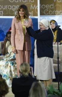 United States First Lady Melania Trump presents a 2018 International Women of Courage Award to Sister Maria Elena Berini of Italy during an Award Ceremony at the State Department in Washington, DC, March 23, 2018.  WAP20180323917