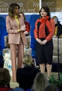 United States First Lady Melania Trump presents a 2018 International Women of Courage Award to Aiman Umarova of Kazakhstan during an Award Ceremony at the State Department in Washington, DC, March 23, 2018.  WAP20180323918