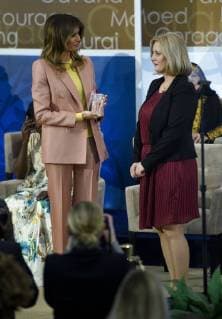 United States First Lady Melania Trump presents a 2018 International Women of Courage Award to Dr. Feride Rushiti of Kosovo during an Award Ceremony at the State Department in Washington, DC, March 23, 2018.  WAP20180323919