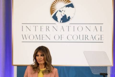 March 23, 2018 - Washington, DC, United States - U.S. First Lady Melania Trump gives remarks at the annual International Women of Courage (IWOC) Awards honoring 10 extraordinary women from around the world. At the U.S. Dept. of State, on Friday, March 23, 2018. Washington United States  - ZUMAn230 20180323_zaa_n230_682 Copyright: xCherissxMayx