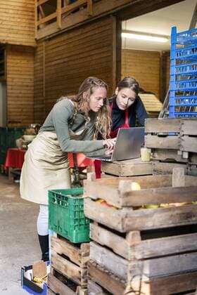 Two women using laptop between crates on a farm model released Symbolfoto property released  PESF00977