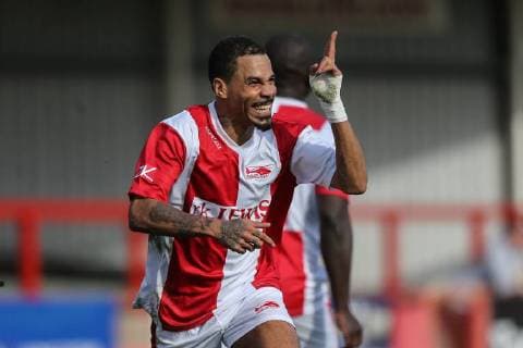 MC Harvey celebrates after he scores during the Celebrity Charity Football Match hosted by Sellebrity Soccer for the Benjamin Lewis Charity Cub at the Abbey Business Stadium, Cheltenham, England on 25 March 2018. Copyright: xDavidxHornx PMI-1918