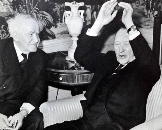 Ben Gurion meets adenauer in New York in 1961. Konrad Hermann Joseph Adenauer was a German statesman who served as the first Chancellor of the Federal Republic of Germany (West Germany) from 1949 to 1963. David Ben-Gurion (1886 - 1973), Israeli Labour Politician and first Prime Minister of Israel, 1948-1953 and 1955-1963. 917_05_WHA_119_0493