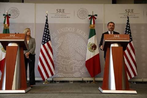 March 26, 2018 - EUM20180326POL19.JPG.CIUDAD DE MEXICO.- Politics Politica-Mexico-EU.- 26 de marzo 2018.- La secretaria de Seguridad de Estados Unidos, Kirstjen Nielsen y el canciller de Mexico, Luis Videgaray Caso, durante conferencia conjunta en la que dieron a conocer la firma de tres acuerdos de cooperacion entre ambos paises. Foto: Agencia EL UNIVERSAL RCC.  - ZUMAu78_ 20180326_zaf_u78_041 Copyright: xIrvinxOlivaresx
