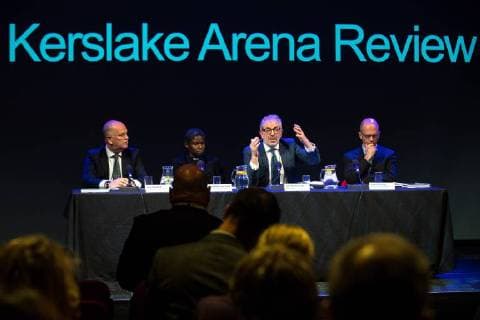 March 27, 2018 - Salford, Greater Manchester, UK - Salford, UK. Panel: ALAN GOODWIN, VENERABLE KAREN LUND, BOB KERSLAKE and HUGH DEEMING The Kerslake Report in to the terrorist bombing of an Ariana Grande concert at the Manchester Arena on 22nd May 2017 , ordered by Greater Manchester Metro Mayor Andy Burnham , is published at a press conference at the University of Salford , at Media City . Amongst praise for many connected with the events, the report also highlights failings in communication at Greater Manchester Fire and Rescue on the night and disreputable behaviour by some sections of the media in the aftermath of the attack Salford UK  - ZUMAl94_ 20180327_zaf_l94_075 Copyright: xJoelxGoodmanx
